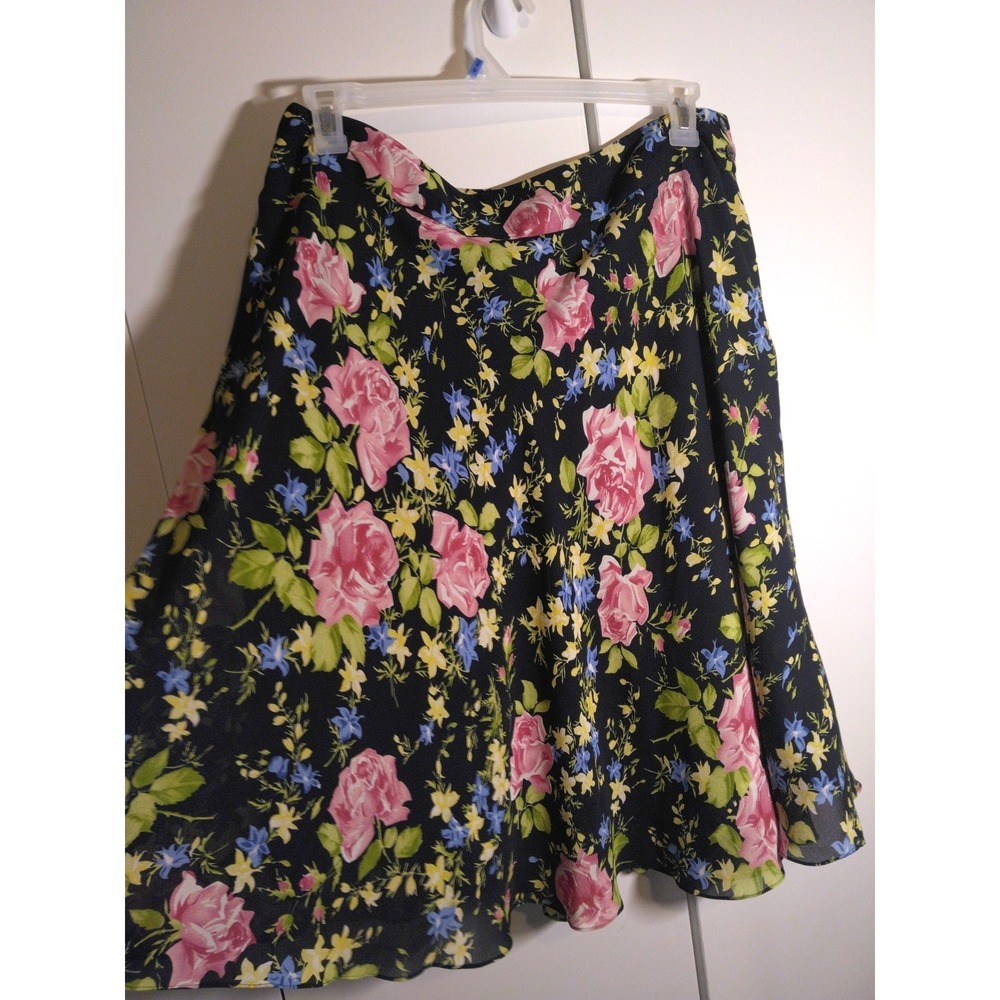 Women's Floral Silk Midi Skirt Size 14  Flowy Lined Elegant Office‎ Church
